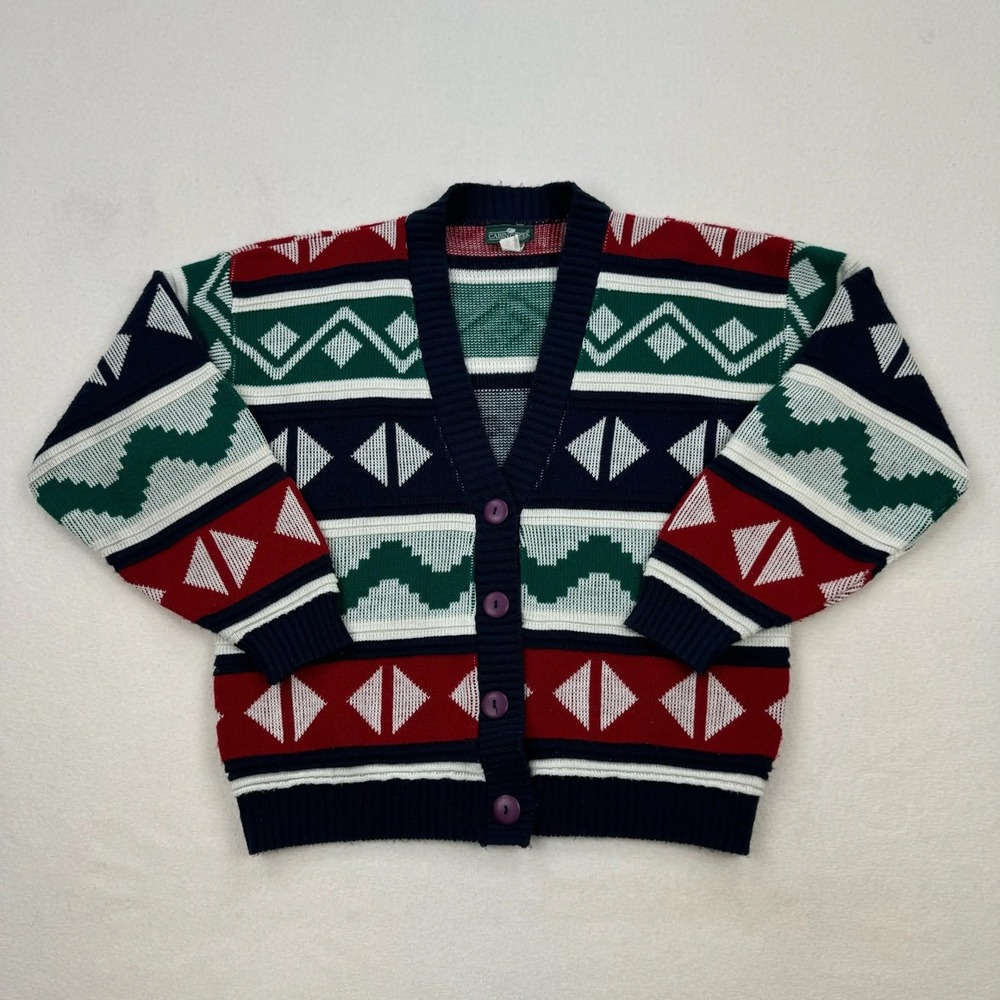 Vintage Cabin Creek Southwestern Geometric Knit Cardigan Sweater Navy Red Medium